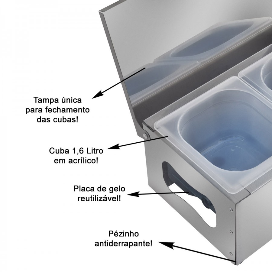Condimentadora Refrigerada Pizzarola Inox 2 Cubas Tampa Reta - Aisa